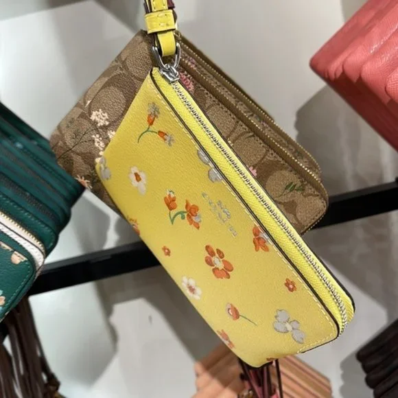 Coach Corner Zip Wristlet With Mystical Floral Print Silver/Yellow Multi